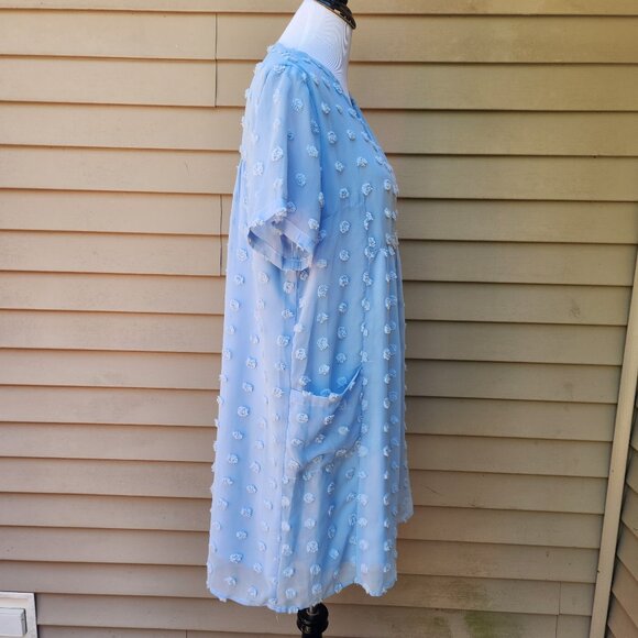 Miholl Blue Loose Flowy Short Dress Textured Dots V-Neck Pockets Short Sleeves - Picture 12 of 15